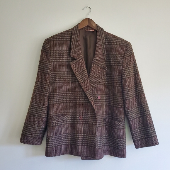 VINTAGE | Plaid Houndstooth Wool Blend Collared Blazer (Vintage Size 12) - Picture 2 of 11